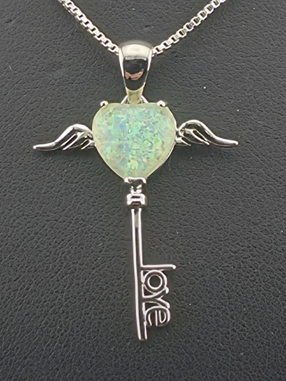 Heart Lab Fire Opal Love Key Angel Wing Pendant Necklace 18" Box Chain